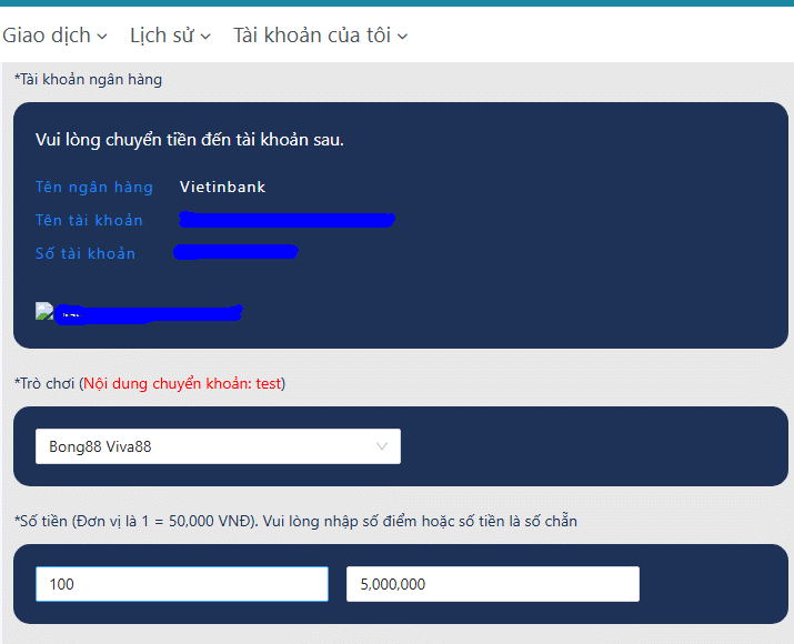 điền số tiền nạp vào tài khoản